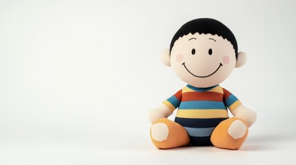 A playful cartoon-style plush doll with a mischievous grin, wearing a striped shirt and shorts, sitting cross-legged against a simple white background. 