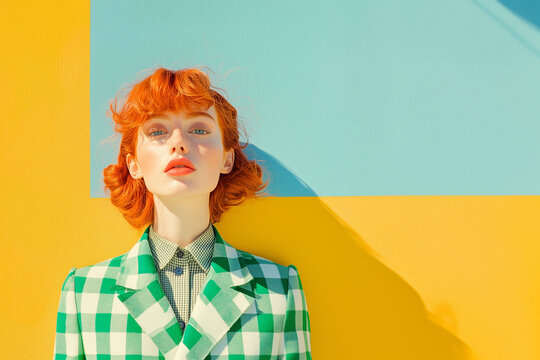 Fototapeta portrait of a person with curly hair, dressed in  checkered green coat, standing confidently fashion editorials, street photography, artistic portraiture, urban  campaigns, modern