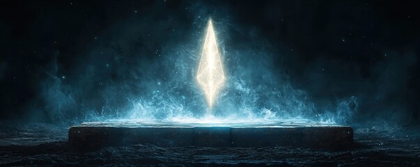 Mystical blue energy hologram floating over a futuristic altar