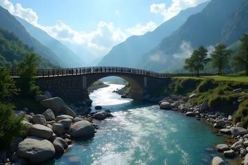 Mountain foothills view with clear river valley with rocks, and traditional bridge hanging solidly, sunny day with blue sky