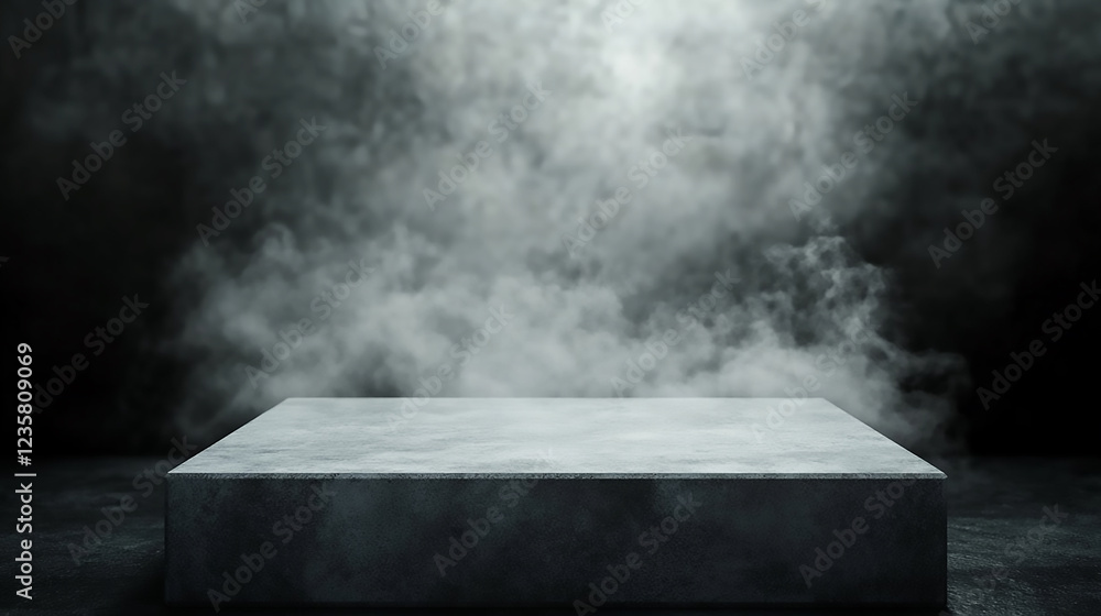 Sticker gray textured concrete platform, podium or table with smoke in the dark empty table with smoke