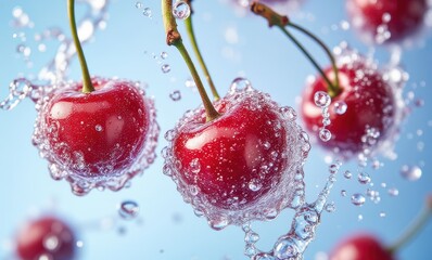 Fresh cherries splashing in clear water.