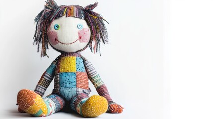 A rag doll with a cheerful stitched smile, mismatched patchwork clothing, and button eyes, sitting cross-legged on a bright white background.