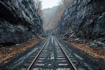 Fototapeta premium Train tracks through autumnal mountain gorge.