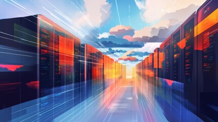 Futuristic data center with vibrant sunset reflecting on server racks, depicting technology advancement