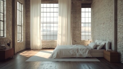 Sunlit loft bedroom, city view, minimalist bed, brick wall, interior design