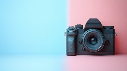 A sleek black camera positioned centrally against a split pastel blue and pink background