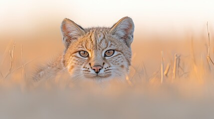 Obraz premium Bobcat hiding in tall grass at sunset, wildlife photography