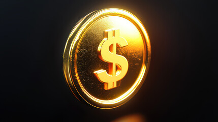 Golden dollar coin. Shiny, isolated, 3D render of a gold coin with a dollar sign.