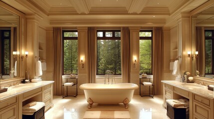Luxurious master bathroom, forest view, elegant design, real estate