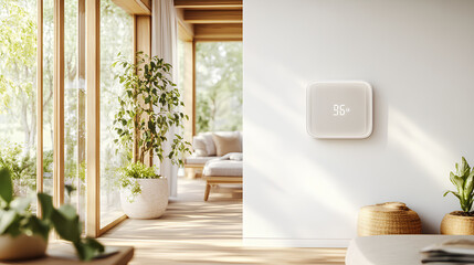 Sleek Smart Thermostat Mounted on a White Wall in a Modern Home Providing Efficient Temperature Control
