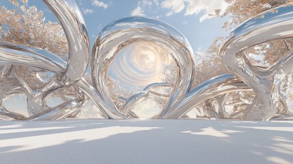 Futuristic Metallic Orchard Sculpture with Fractal Vines in a Cinematic Sci-Fi Dreamscape Concept Under a Pastel Swirling Sun