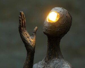 Obraz premium Illuminated sculpture, textured figure, hopeful gaze.