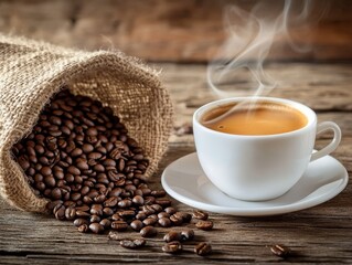 Steaming coffee cup with spilled roasted beans from burlap sack on rustic wood.