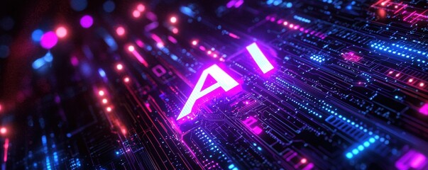 Digital circuitry glowing with futuristic AI text in vibrant neon colors