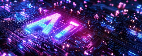 Futuristic AI concept with glowing purple and blue digital circuit patterns