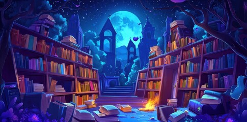 Enchanting moonlit library with overflowing bookshelves
