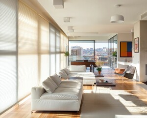 Fototapeta premium Modern penthouse living room, city view, sunlight streaming.