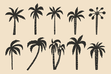 Palm Tree Black Silhouette Set. Tropic Coconut Plant Tree Collection Drawing, Minimalist Vector Isolated Illustration