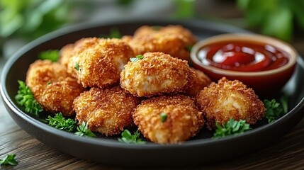 Fototapeta premium Crispy Chicken Nuggets Served with Ketchup on Plate