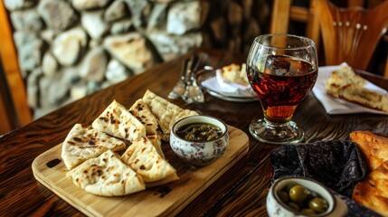 Restaurant flatbread appetizer, stone fireplace background