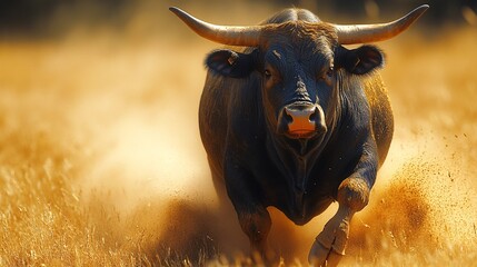 Powerful Bull Charging Amid Rising Dust Clouds