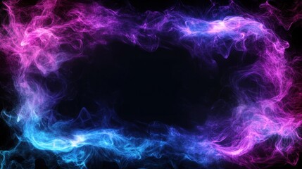 Abstract luminous frame purple and blue neon with clouds of smoke on black background. Rectangular neon portal border in haze with copy space. Banner for sale, black friday, cyber monday in retrowave