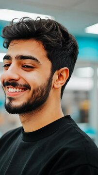 Young man smiling brightly in a casual setting with soft lighting during daytime