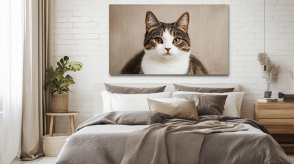 Fototapeta na wymiar Feline Focus: A captivating portrait of a tabby cat, with striking green eyes and a charmingly curious expression, adorns the wall of a cozy bedroom.