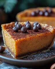Delicious slice of pumpkin pie adorned with chocolate chips, set on a rustic wooden table