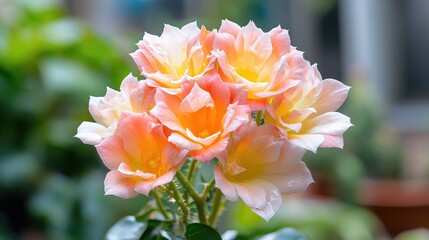 Obraz premium Peach roses bouquet, garden setting, blurred background, floral arrangement