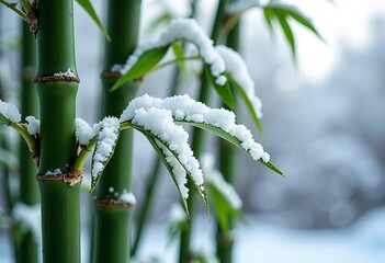 Obraz premium High-Resolution Snowy Bamboo: Elegant Green Stalks, Soft Fresh Snow, White Contrast, Serene Winter Scene, Blurred Background, Natural Light, Intricate Textures, Tranquil Mood, Photo. 