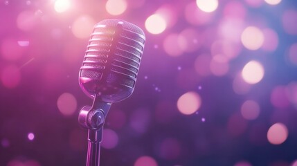 Classic steel microphone on bokeh concert stage. Microphone on blurred lights background with copy...