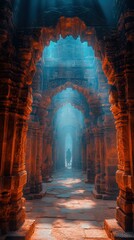 Mystical temple corridor, lone figure, sunbeams, ancient architecture, spiritual journey, travel photography.