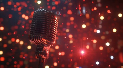 Classic steel microphone on bokeh concert stage. Microphone on blurred lights background with copy...