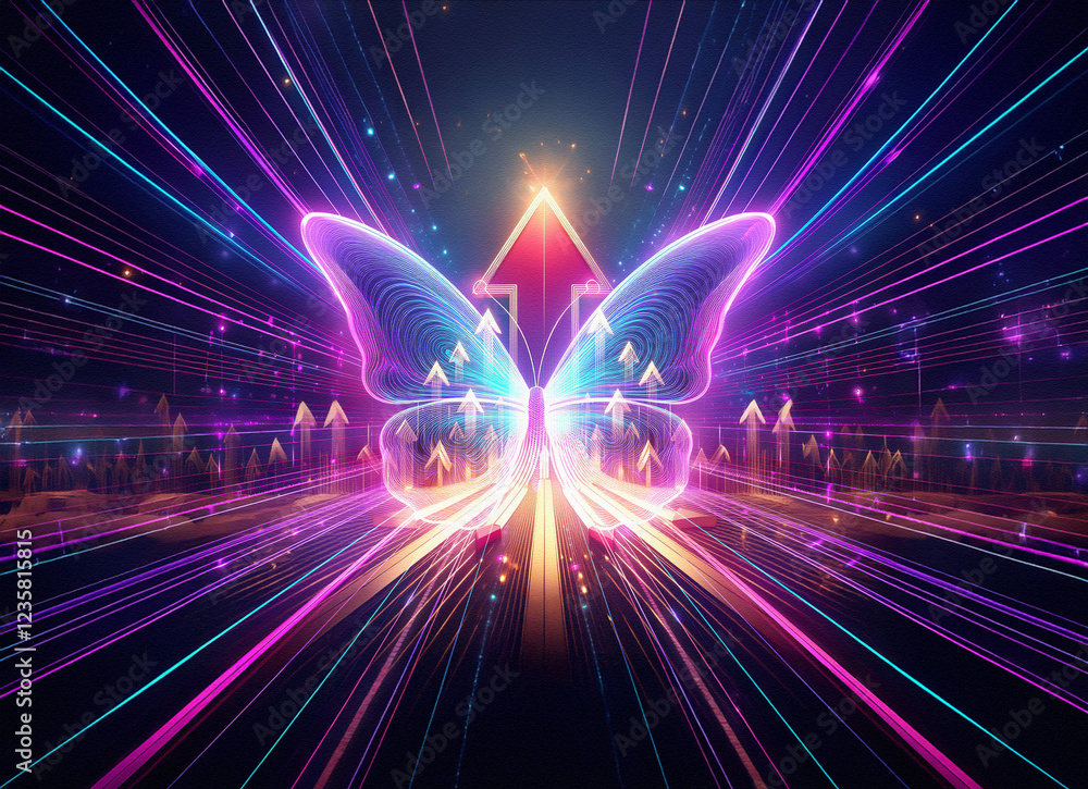 Poster a vibrant double exposure image depicts a luminous butterfly with an arrow forming its body, soaring