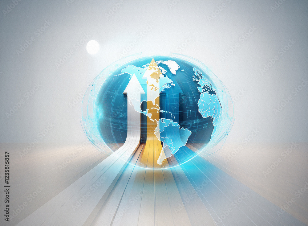 Poster A double exposure image depicts a translucent globe with two upward-pointing arrows, symbolizing global growth and progress.  The arrows emerge from a glowing path, suggesting a journey towards a brig