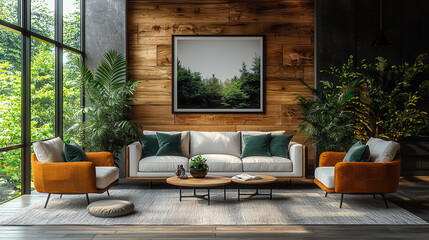 Modern Living Room with Natural Elements: A stylish and serene living room features a contemporary sofa and armchairs in a calming color palette.