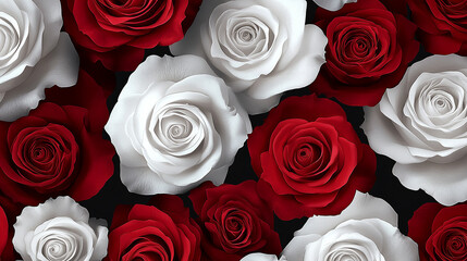 A seamless pattern of red and white roses on a dark background