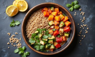 Vibrant healthy bowl with grains and veggies
