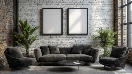Modern Industrial Living Room Mockup: Two blank canvases hang above a dark gray sofa in a stylish industrial-style living room with exposed brick walls and large windows.
