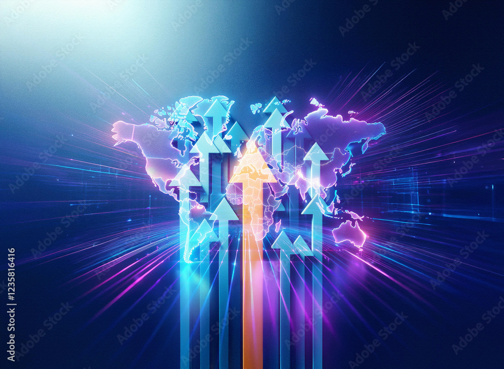 Poster a vibrant double exposure image depicts a world map overlaid with numerous glowing arrows pointing u