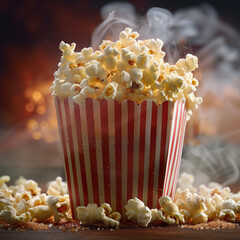 A bag of popcorn with butter and salt, steam rising, set against a movie theater background, classic and indulgent