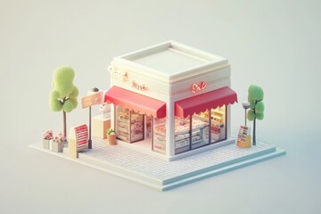 Cute minimalist 3D model of a small shop with awning, trees, and flowers.