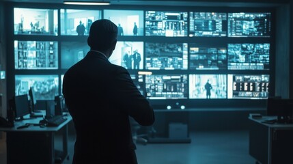 A person in a suit stands in front of multiple surveillance monitors in a dimly lit control room, observing various locations at night. The screens display activity and data