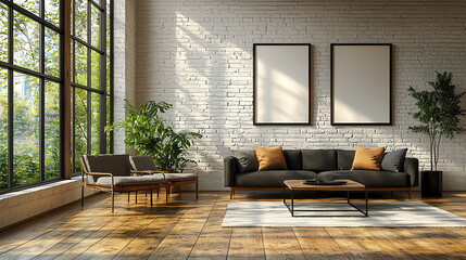 Modern Loft Living Room with Mockups: A contemporary living room boasts a spacious, industrial-chic aesthetic. Sunlight streams through expansive windows illuminating a cozy seating area.