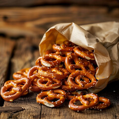 A bag of pretzels with a handful spilled out, set against a wooden table, casual and salty snacking style