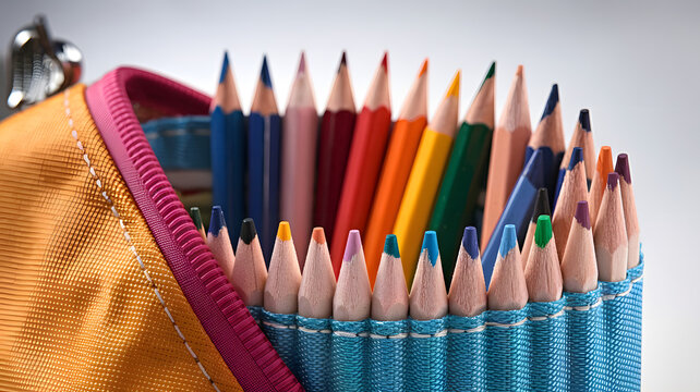 A pencil case filled with colored pencils.