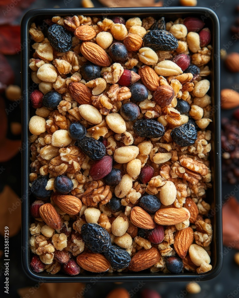 Poster a close-up view of a colorful mix of nuts and dried fruits in a black container on a textured backgr
