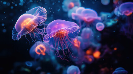 Naklejka premium Bioluminescent Dance: A mesmerizing cluster of glowing jellyfish pulsate through the deep, inky blue waters, their ethereal forms radiating a spectrum of vibrant hues.